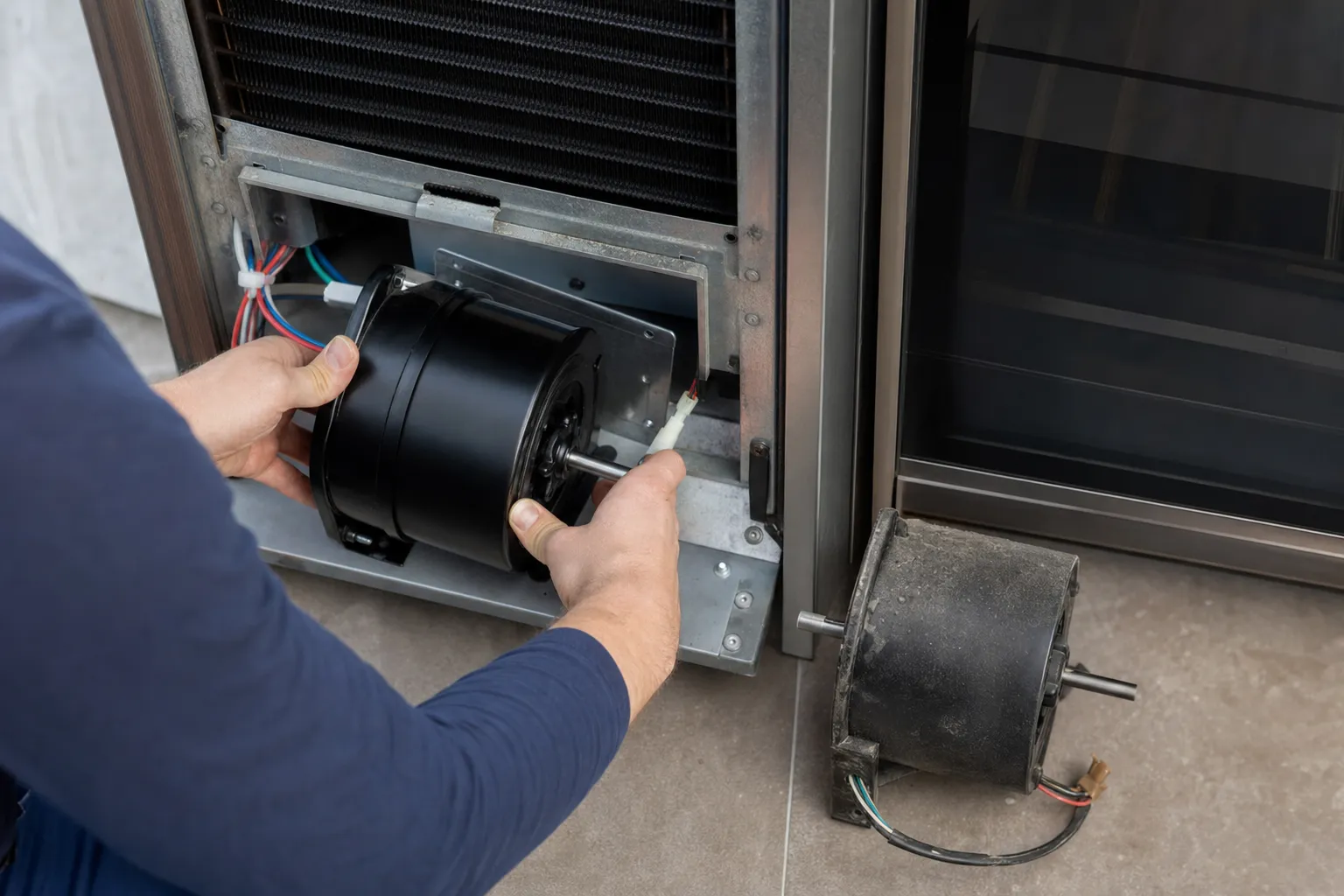 New condenser fan motor being seated in the base of a glass-door cooling cabinet, the old motor on the floor alongside