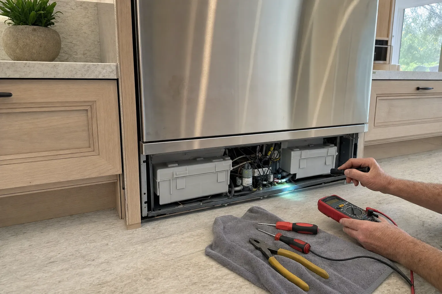 Flashlight and multimeter in hand at the open base of a stainless kitchen refrigerator, hand tools on a towel