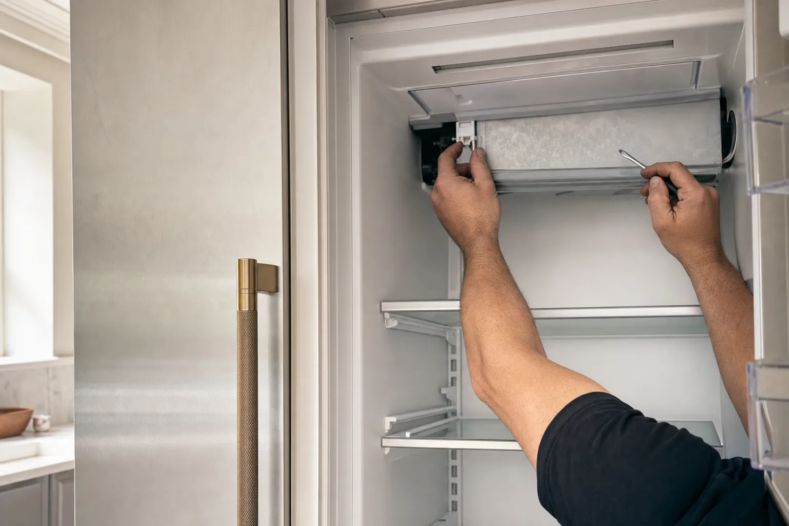 Frost-covered ice maker being worked on at the top of an empty refrigerator compartment, glass shelves below