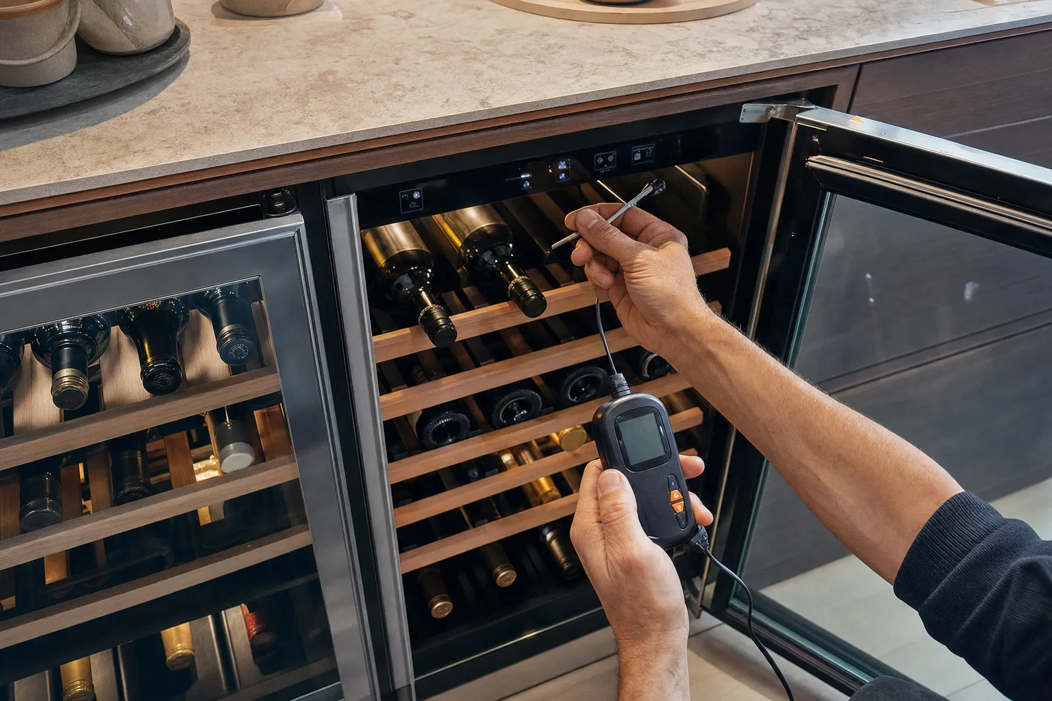 Hands holding a thermometer probe among bottles inside an undercounter wine unit with its glass door open, a second unit alongside