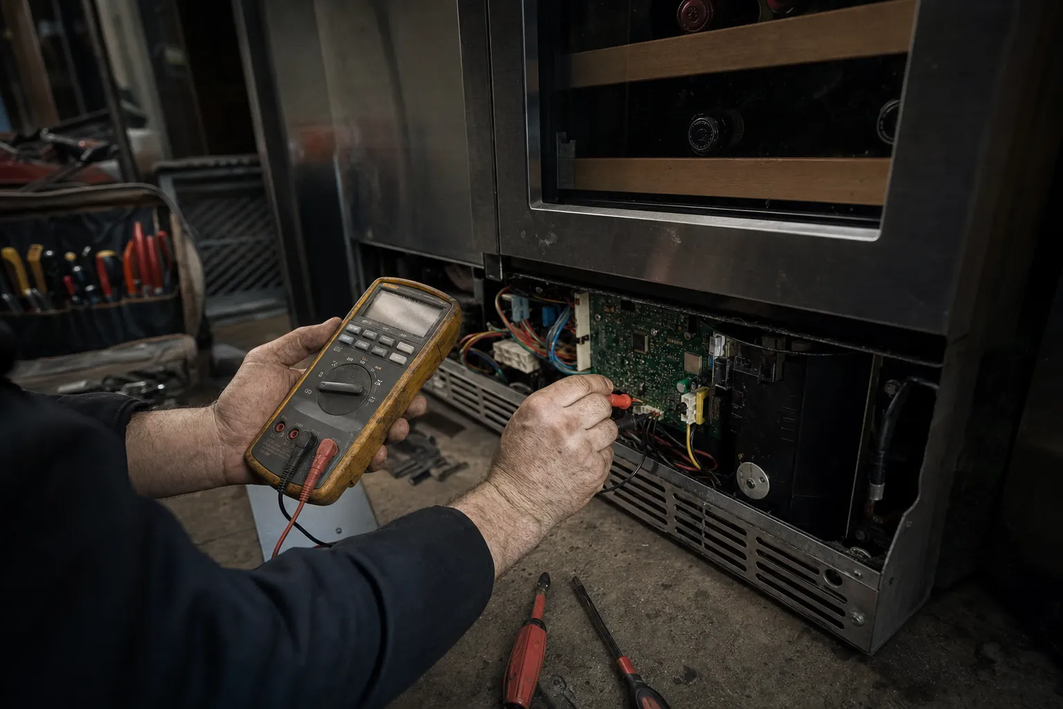 Yellow multimeter in one hand and a probe on a green board in the base of a stainless wine unit, bottles on wooden racks above