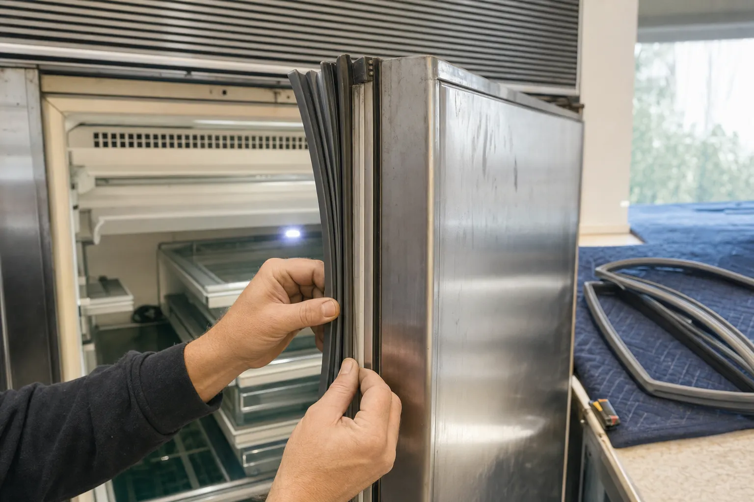 Black door gasket being peeled from the edge of a stainless built-in door under a louvered top grille, replacement gaskets on a moving blanket