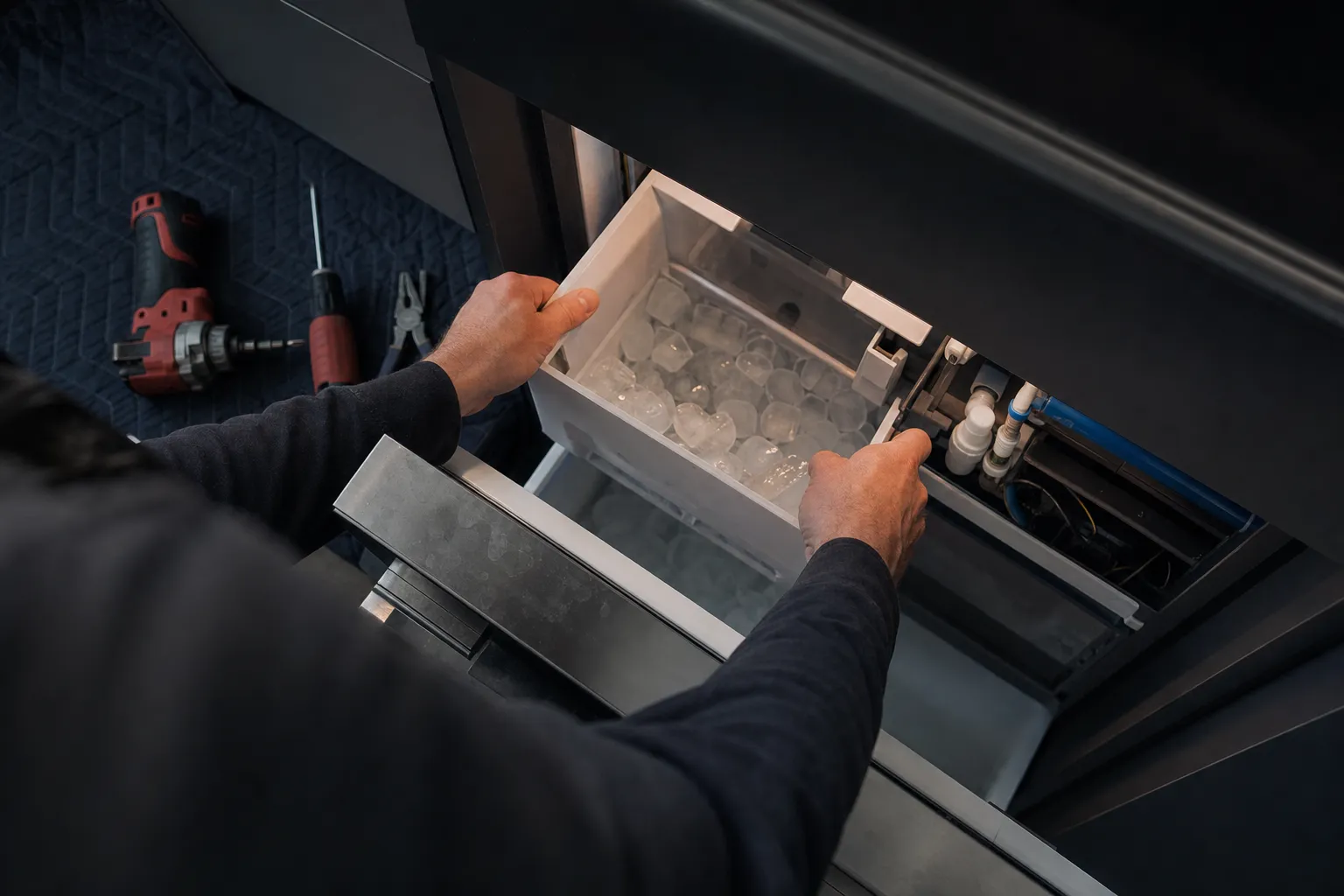 Hands lifting an ice bin full of cubes out of a pulled-out lower freezer drawer, water-line fittings on the right, a drill and pliers on a blanket